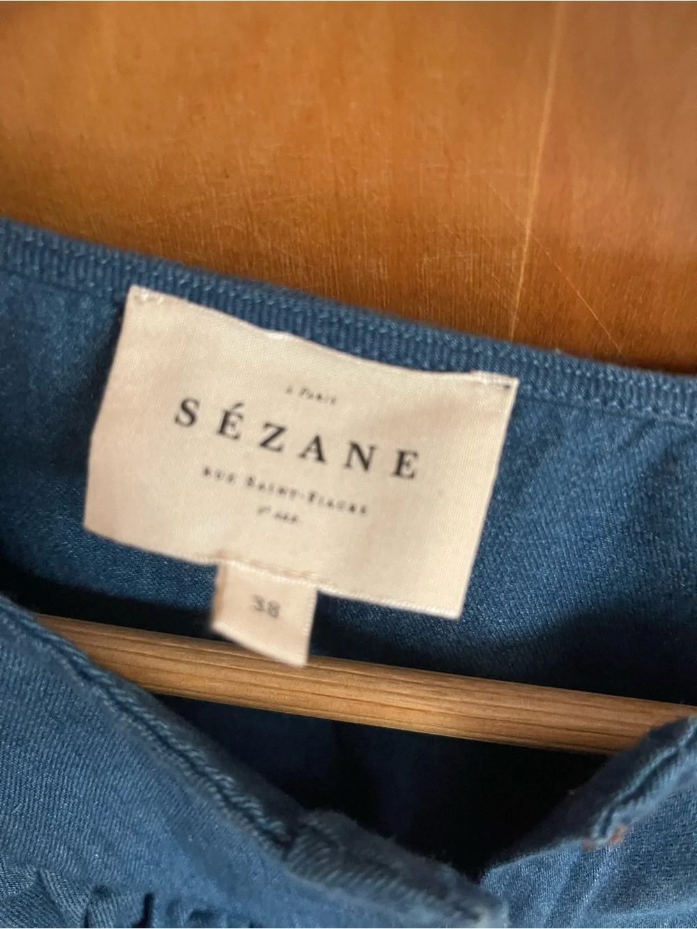Sezane Denim Ruffle Front Button-Up Blouse - Blue - Picture 2 of 4